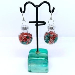 HANDMADE Red & Green Bead Filled Mini Glass Bulb Christmas Ornament Earrings